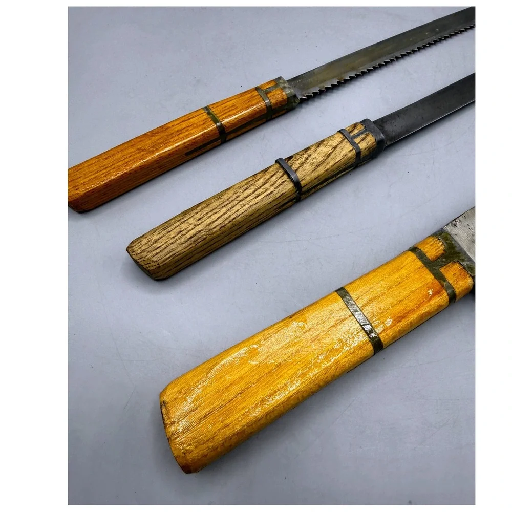 Johnson Handmade Knives Vintage 3pc Set Carbon Steel Wood Folk Art Scabbard